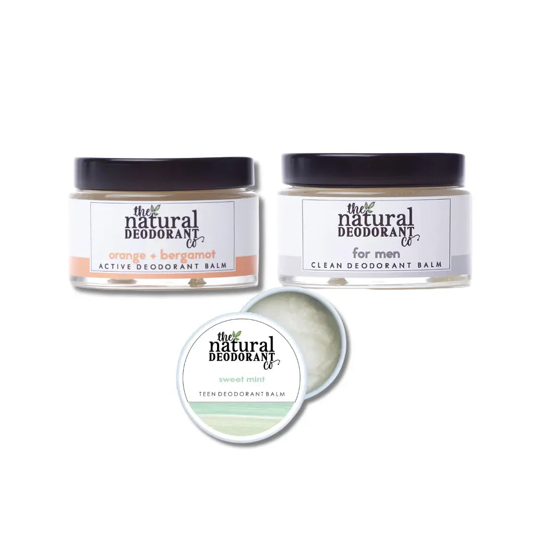 The Natural Deodorant Co. šeimos rinkinys – 2 × balzaminiai dezodorantai + 1 × mini dezodorantas GlowAmeli