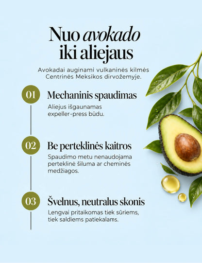 100% grynas avokadų aliejus, 500 ml GlowAmeli