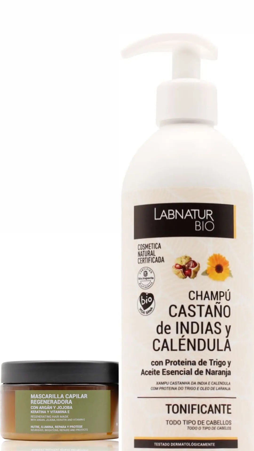 „Labnatur Bio tonizuojantis kaštono ir medetkų šampūnas+„Labnatur“ argano ir simondsijų kaukė plaukams su keratinu GlowAmeli